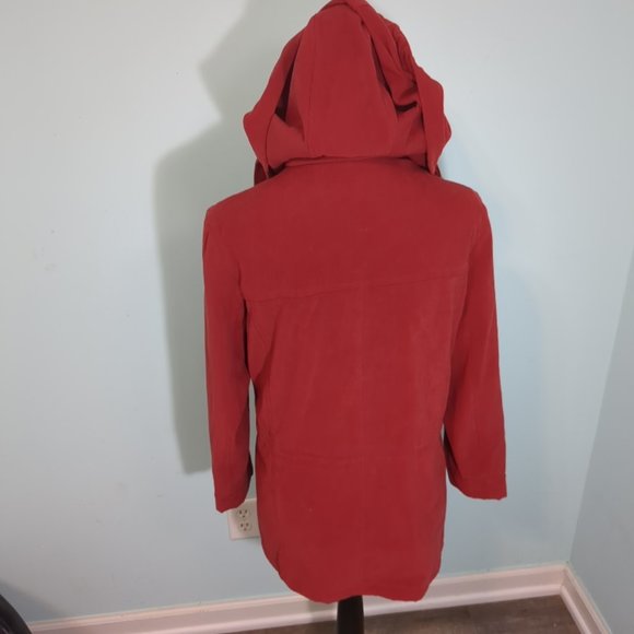 London Fog Red Coat Jacket Removable Hood Pockets Drawstring Hem small - Picture 2 of 5